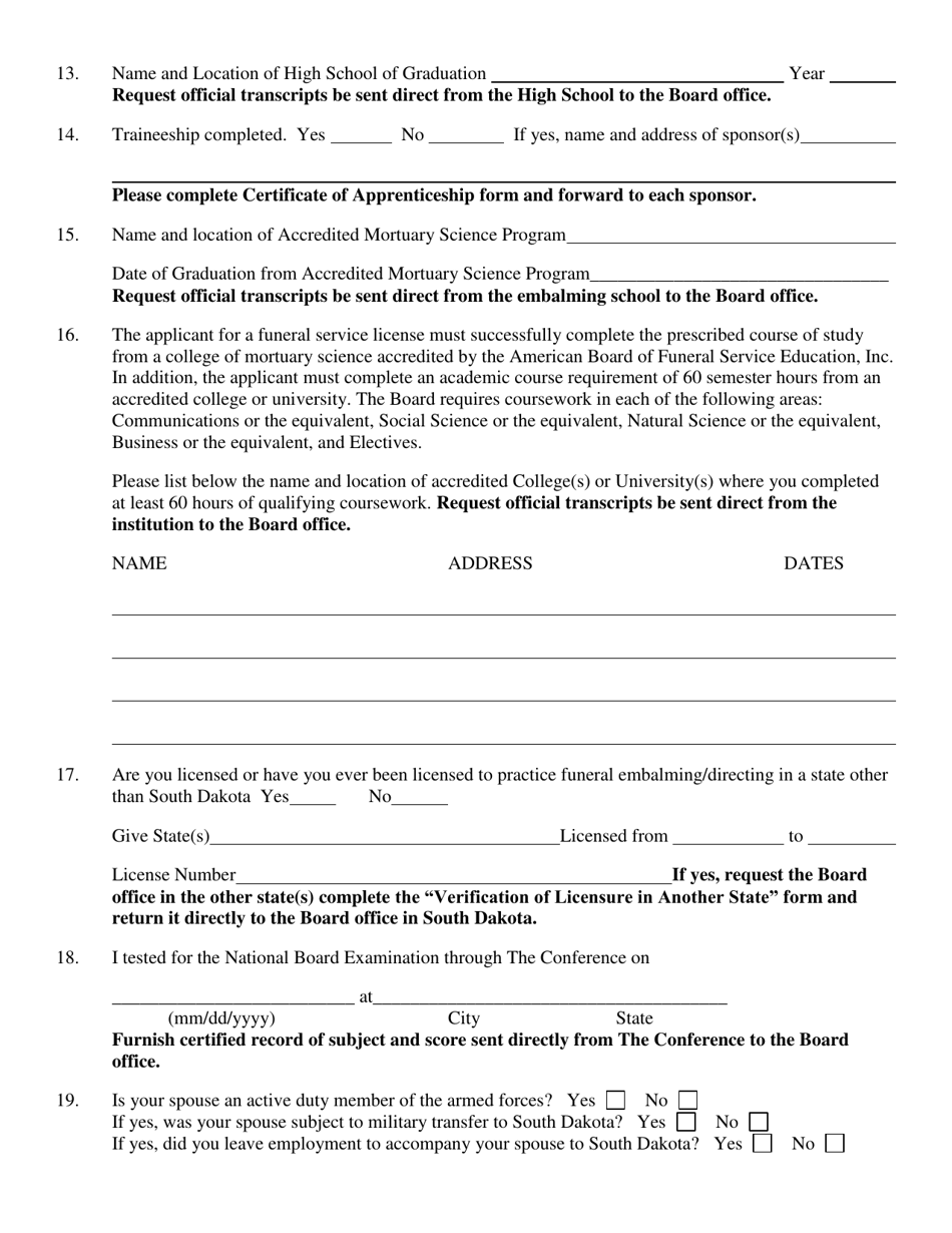 Application for License to Practice Funeral Service as an Embalmer / Director - South Dakota, Page 3