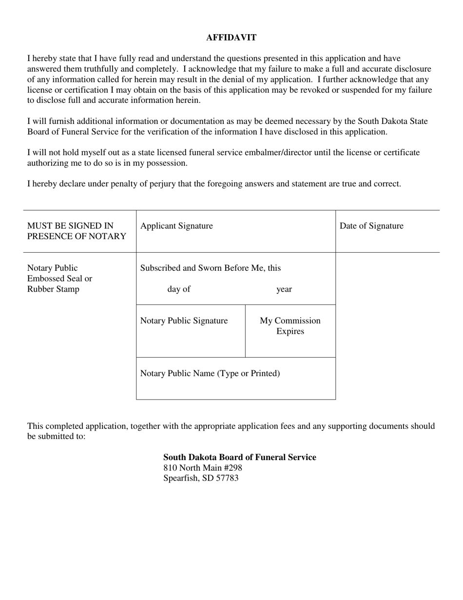 Application for License to Practice Funeral Service as an Embalmer / Director - South Dakota, Page 4