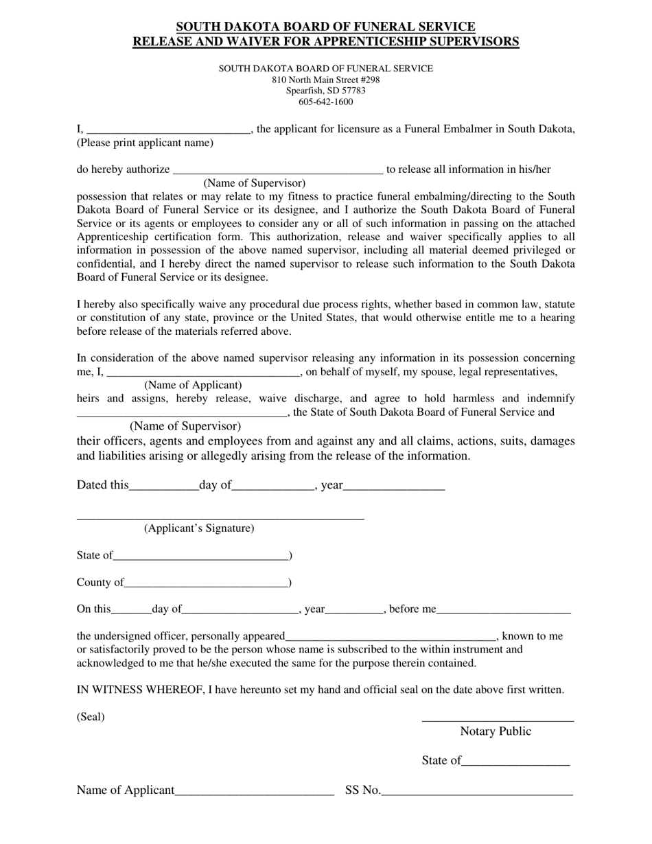 Release and Waiver for Apprenticeship Supervisors - South Dakota, Page 1