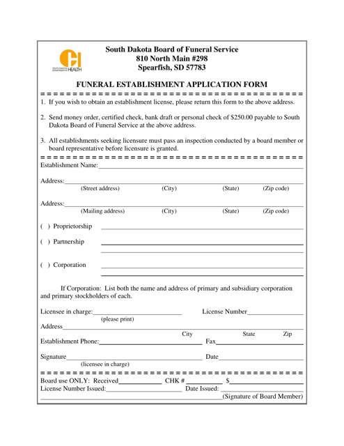 Funeral Establishment Application Form - South Dakota Download Pdf