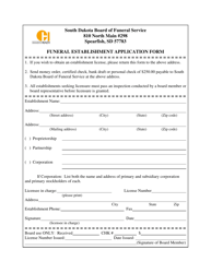 Funeral Establishment Application Form - South Dakota