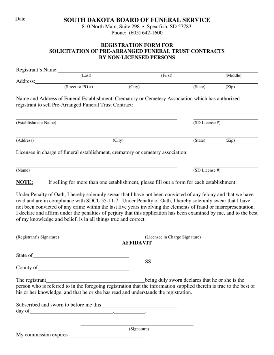 Registration Form for Solicitation of Pre-arranged Funeral Trust Contracts by Non-licensed Persons - South Dakota, Page 1