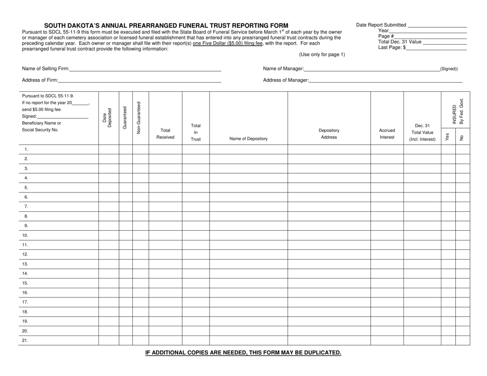 South Dakotas Annual Prearranged Funeral Trust Reporting Form - South Dakota, Page 1