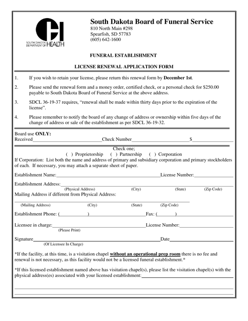 Funeral Establishment License Renewal Application Form - South Dakota