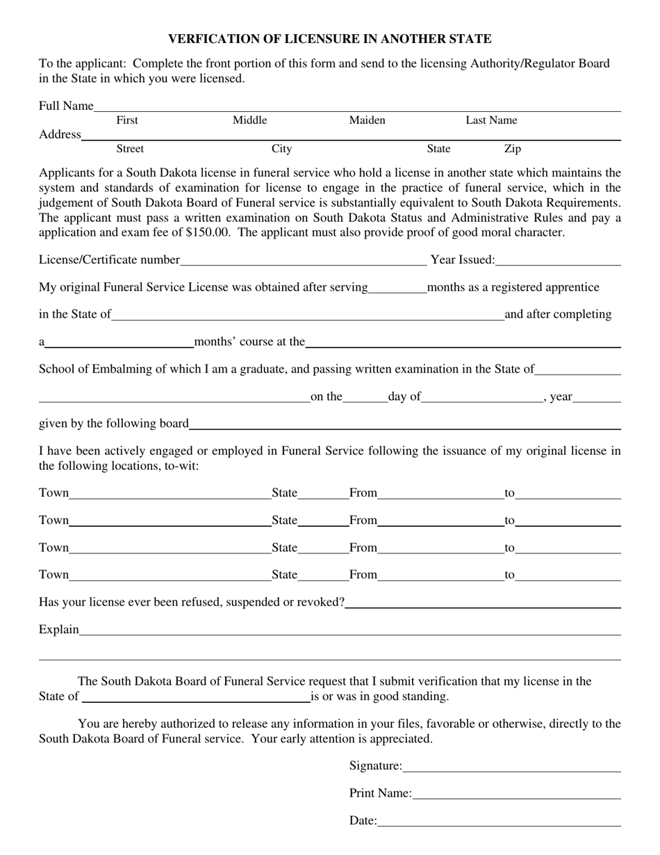 Verification of Licensure in Another State - South Dakota, Page 1