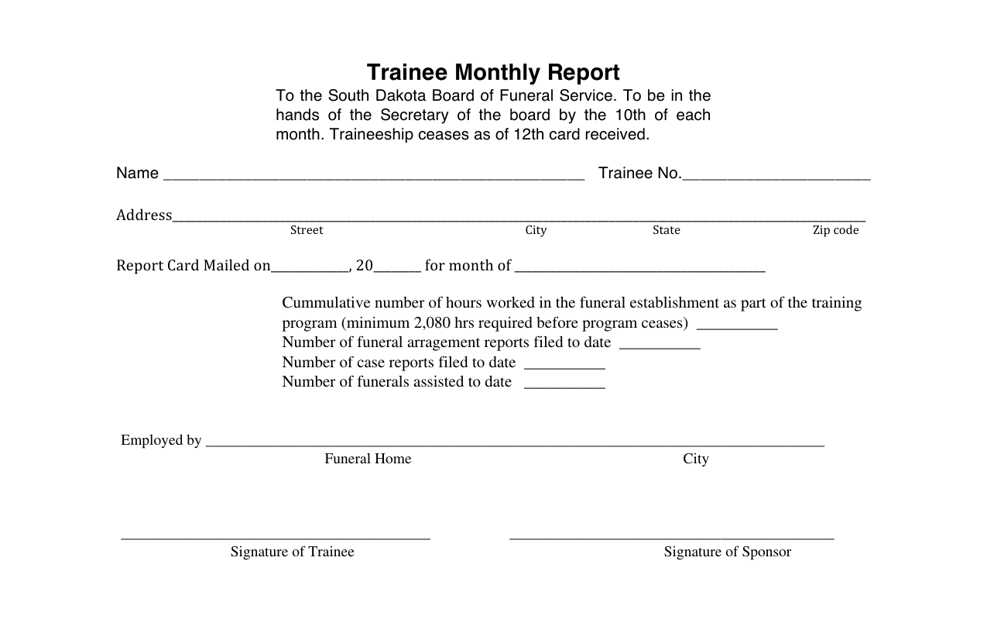 Trainee Monthly Report - South Dakota Download Pdf