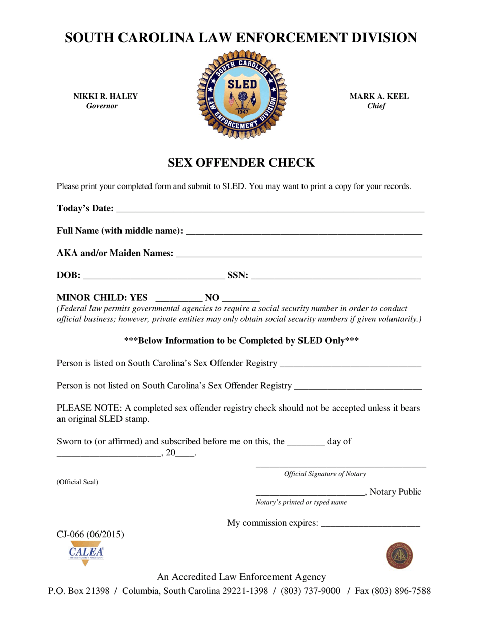 Form CJ-066 Sex Offender Check - South Carolina, Page 1