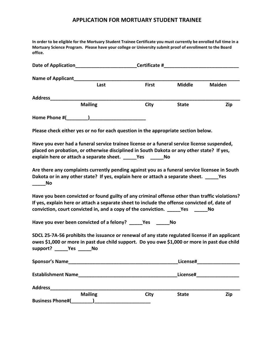 Application for Mortuary Student Trainee - South Dakota, Page 1