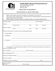 Document preview: Crematory Establishment License Renewal Application Form - South Dakota