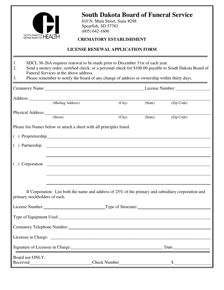 Crematory Establishment License Renewal Application Form - South Dakota, Page 1