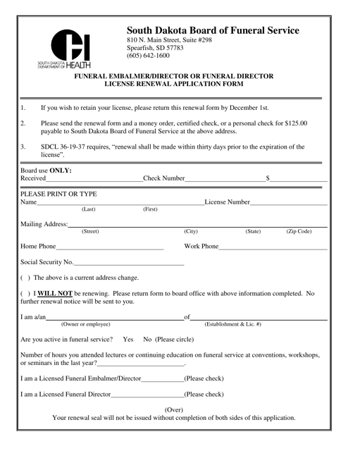Funeral Embalmer/Director or Funeral Director License Renewal Application Form - South Dakota