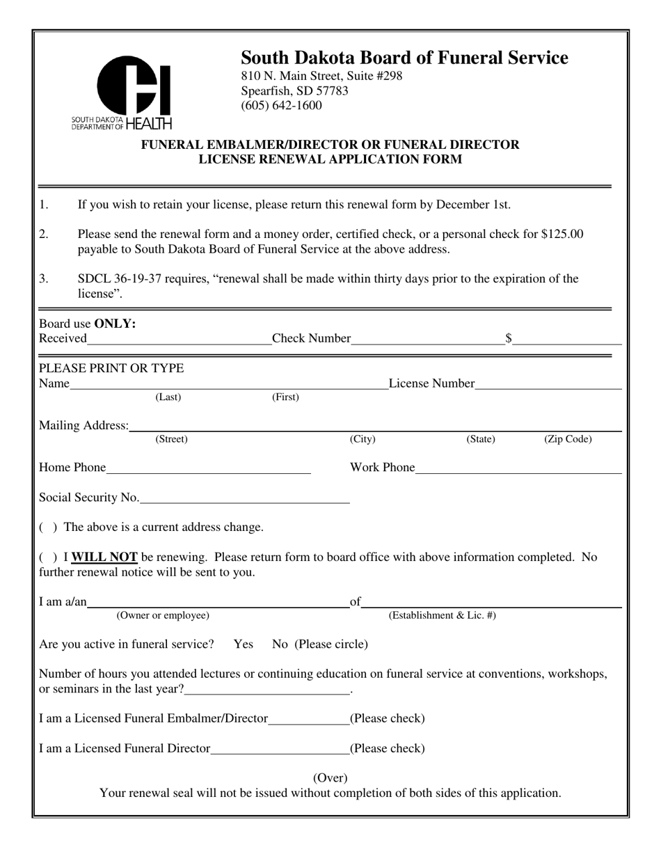 Funeral Embalmer / Director or Funeral Director License Renewal Application Form - South Dakota, Page 1