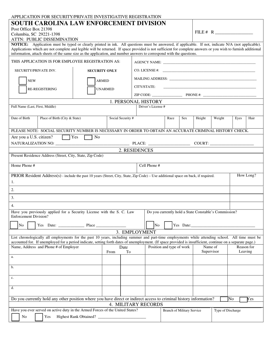 Form PD / PS-1 Application for Security / Private Investigative Registration - South Carolina, Page 1