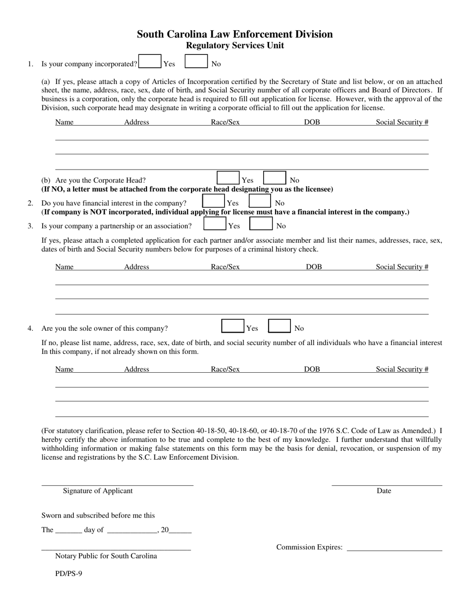 Form PD / PS-9 Incorporation Form - South Carolina, Page 1