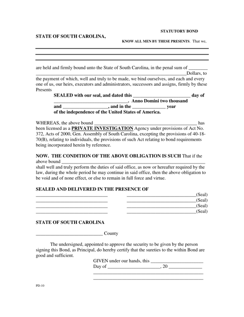 Form PD-10 Statutory Bond - South Carolina