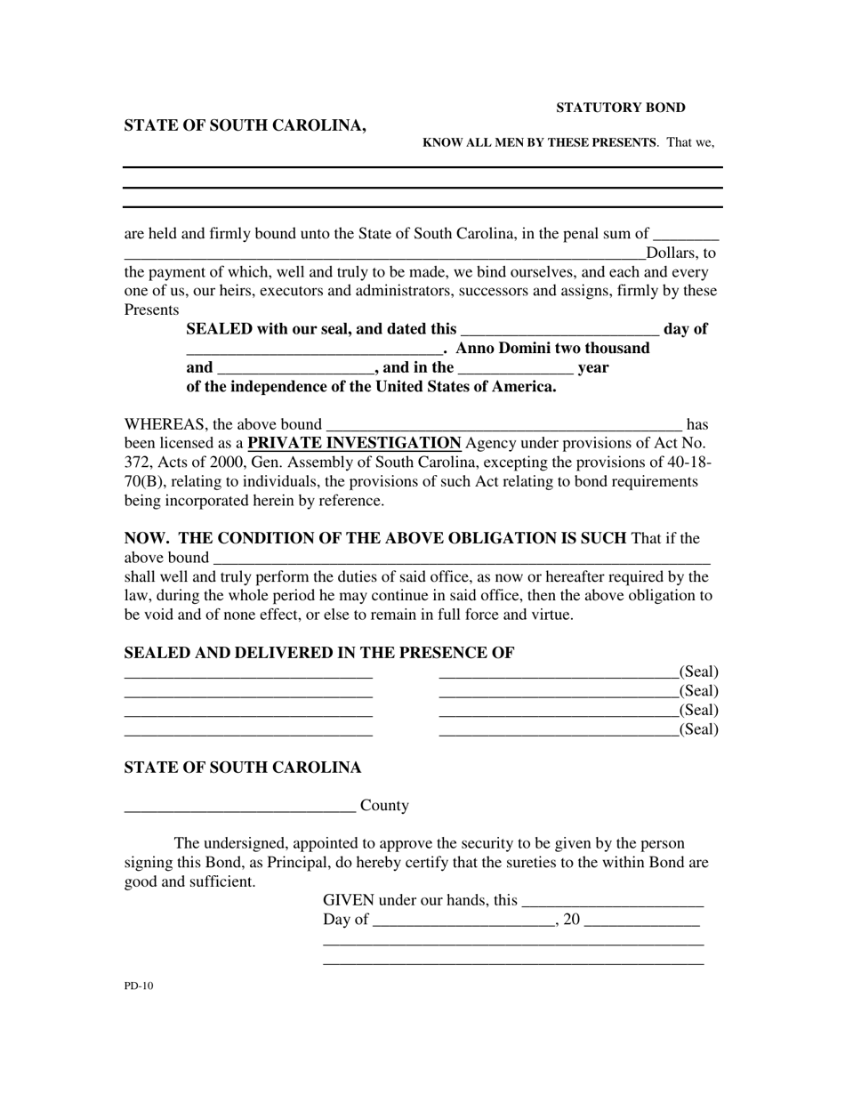 Form PD-10 Statutory Bond - South Carolina, Page 1
