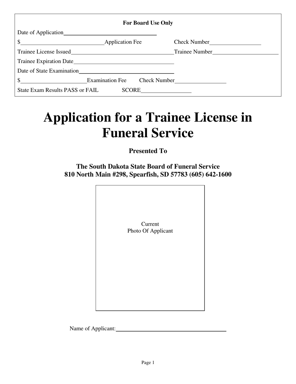 Application for a Trainee License in Funeral Service - South Dakota, Page 1
