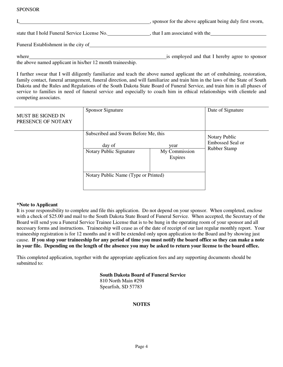 Application for a Trainee License in Funeral Service - South Dakota, Page 4