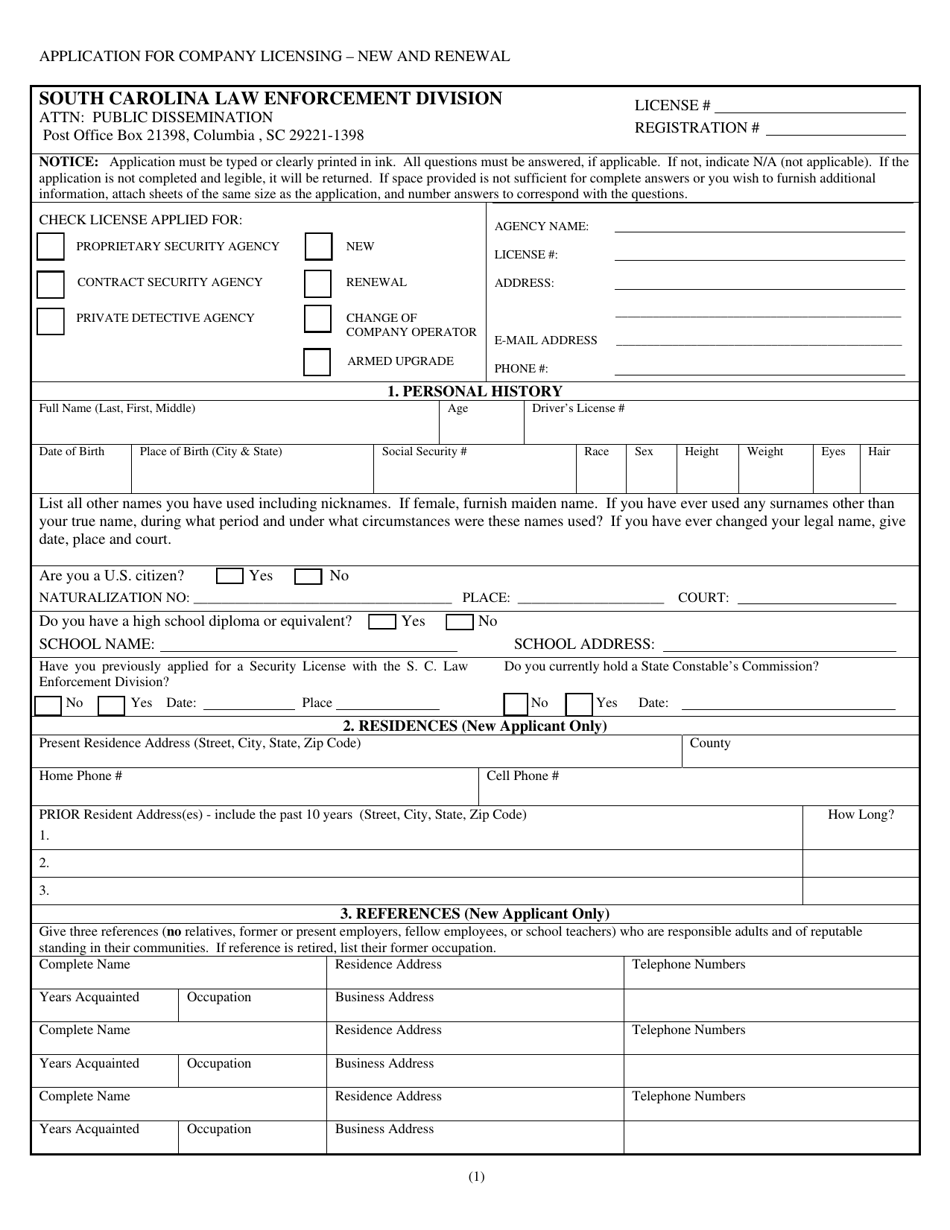 Form PD / PS-11 Application for Company Licensing - New and Renewal - South Carolina, Page 1