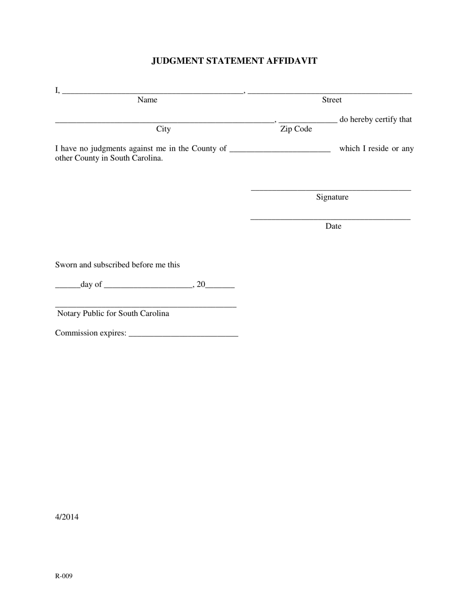 Form R-009 Judgment Statement Affidavit - South Carolina, Page 1