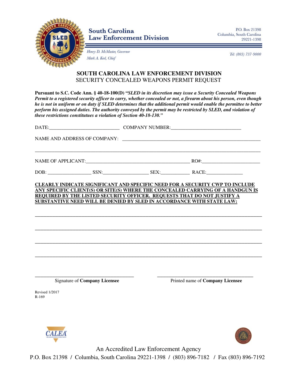 Form R-169 Security Concealed Weapons Permit Request - South Carolina, Page 1