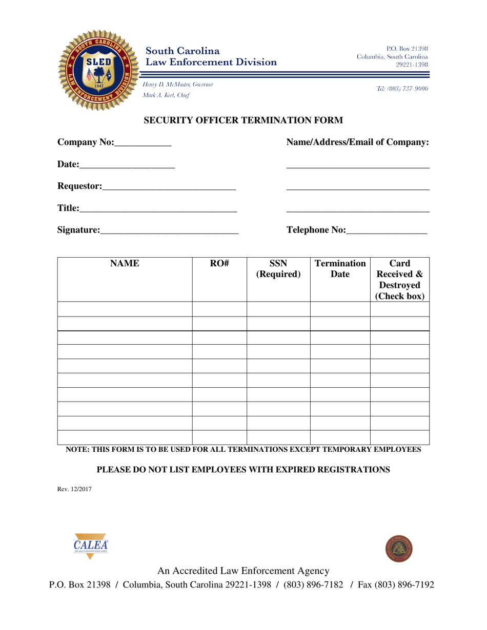 Security Officer Termination Form - South Carolina, Page 1