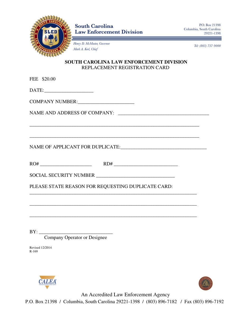 Form R-169 Replacement Registration Card - South Carolina, Page 1