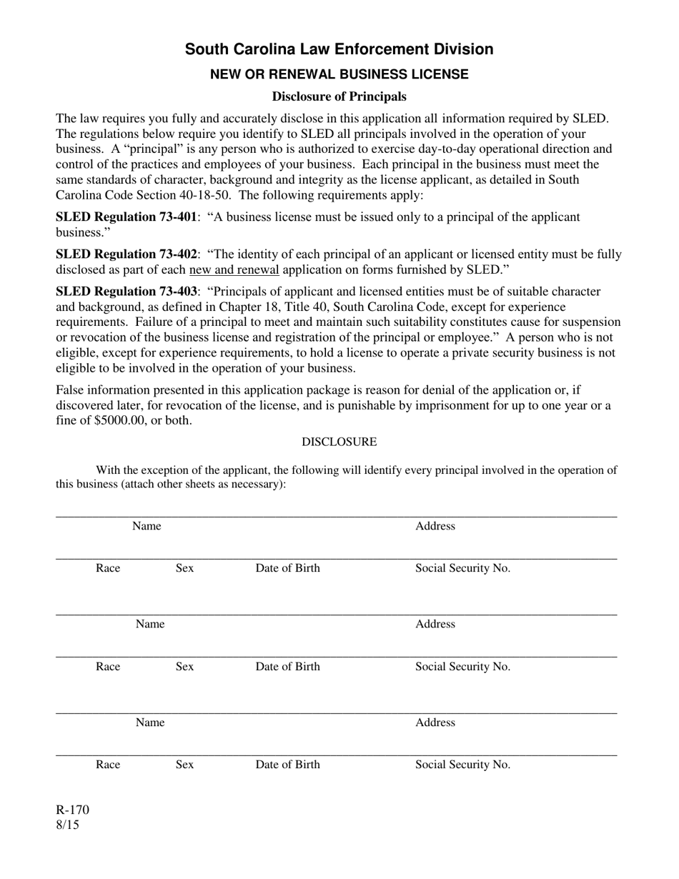 Form R-170 Disclosure of Principals - South Carolina, Page 1