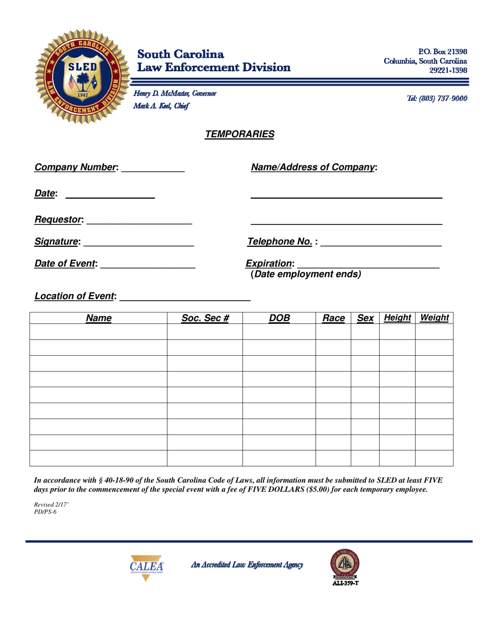 Form PD / PS-6 Request for Temporaries - South Carolina, Page 1