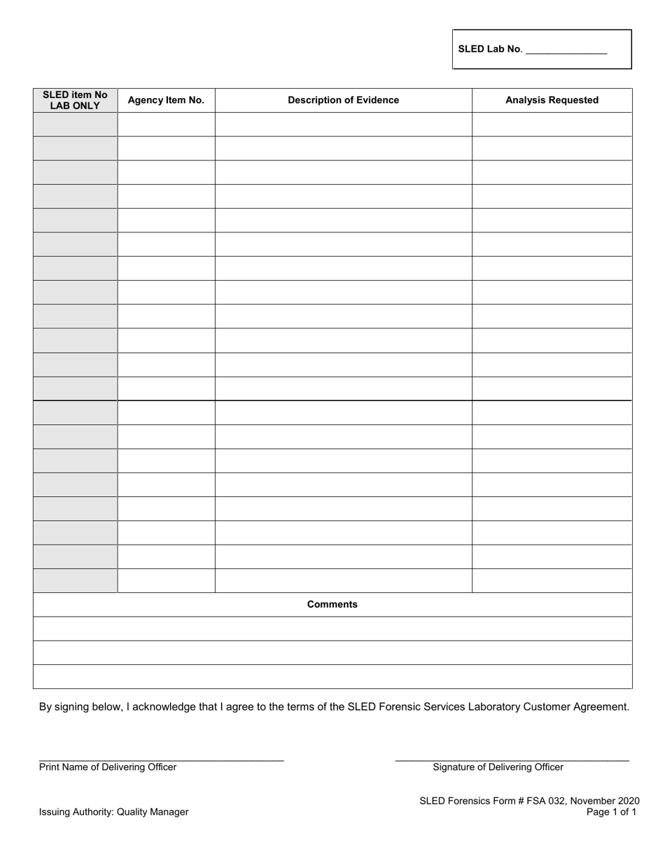 Form FSA032 Laboratory Evidence Inventory Form - South Carolina, Page 1