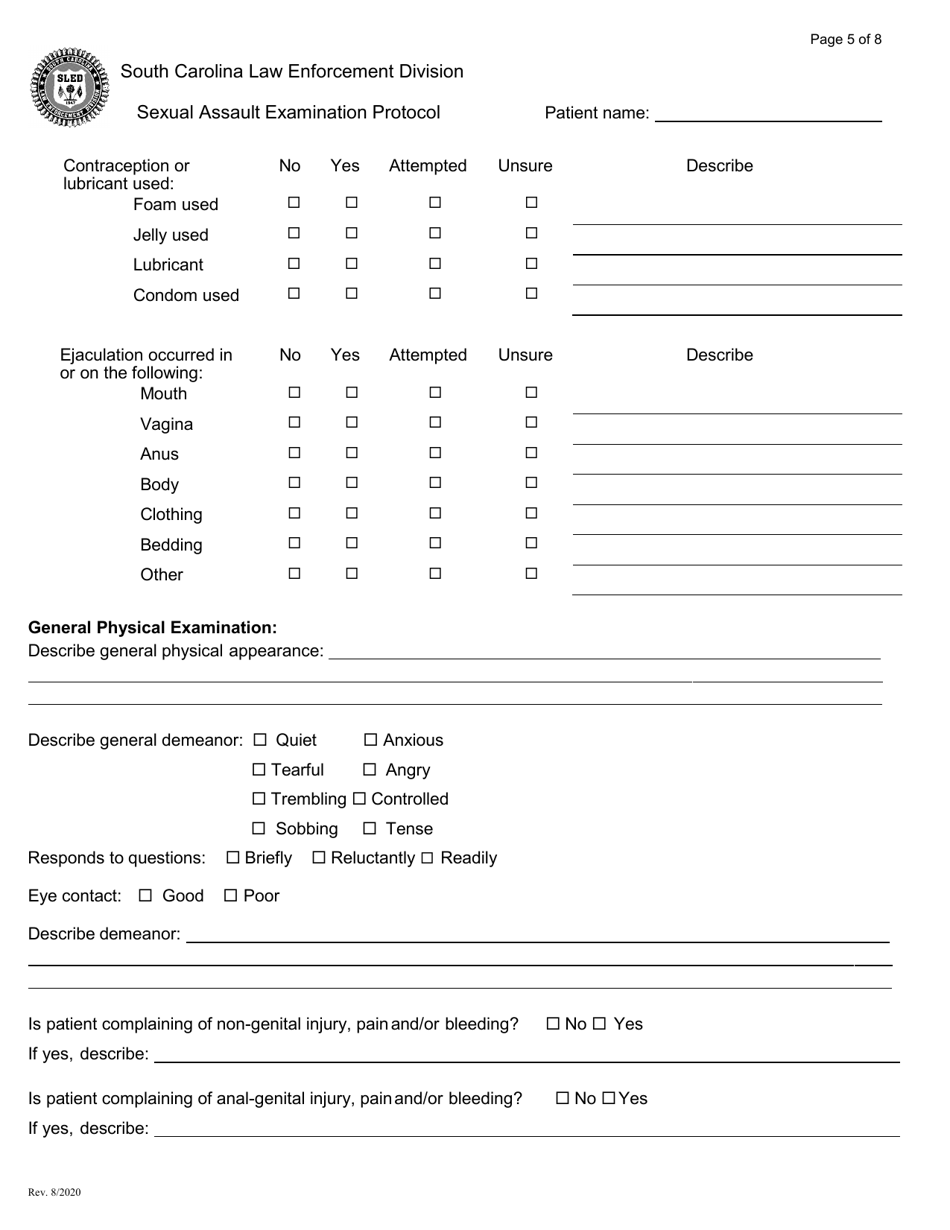 Sexual Assault Examination Protocol - South Carolina, Page 5