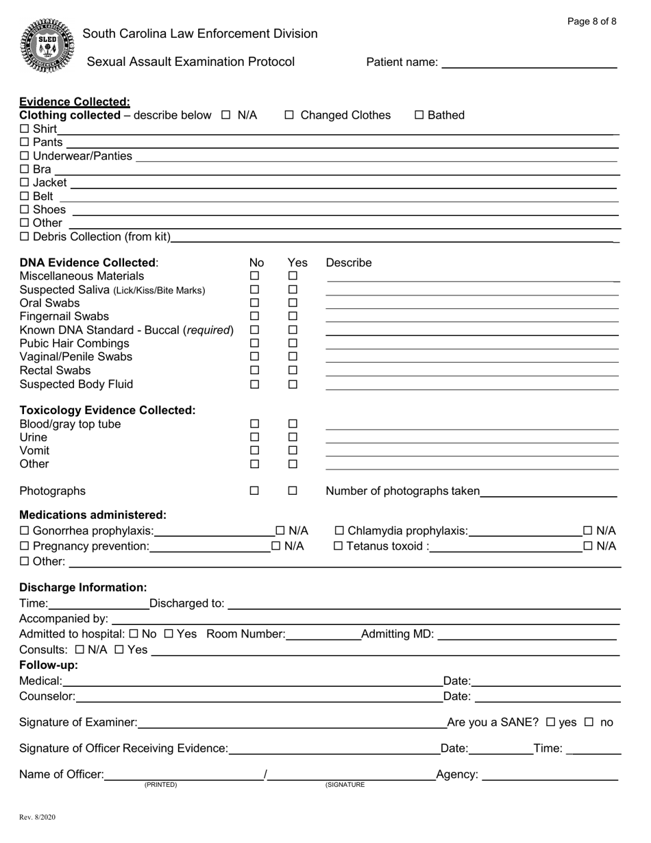 Sexual Assault Examination Protocol - South Carolina, Page 8