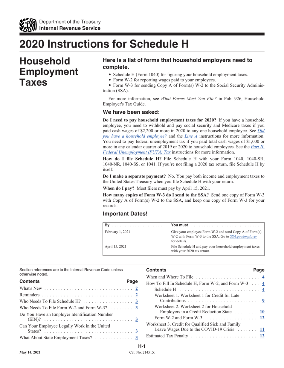 Download Instructions for IRS Form 1040 Schedule H Household Employment