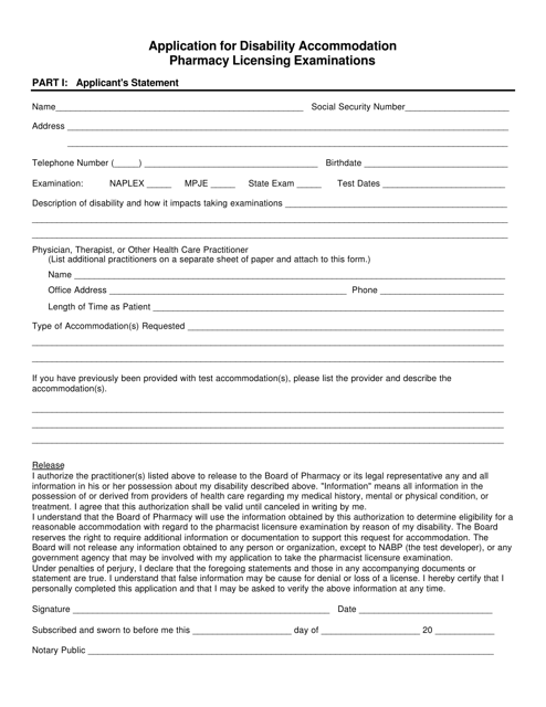 Application for Disability Accommodation - Pharmacy Licensing Examinations - South Dakota Download Pdf