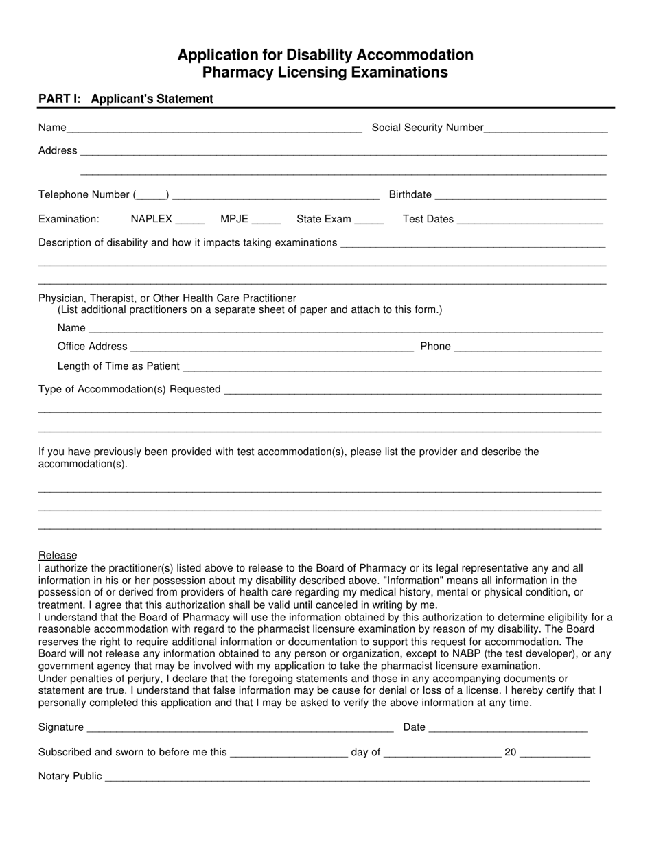 Application for Disability Accommodation - Pharmacy Licensing Examinations - South Dakota, Page 1