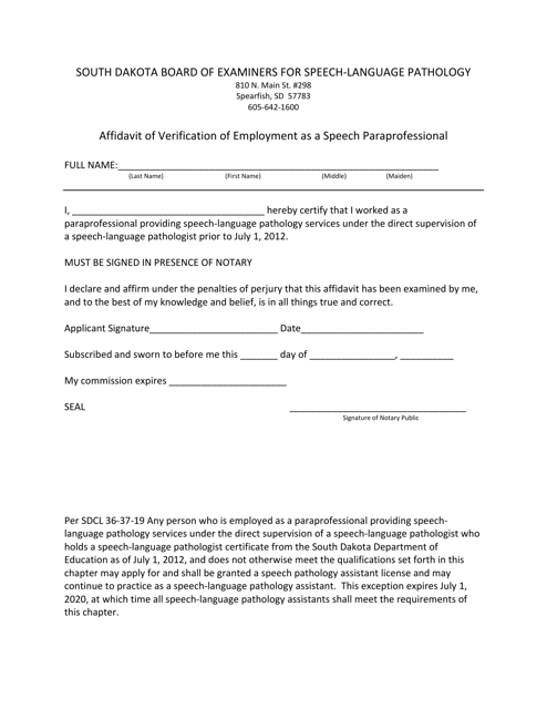 Affidavit of Verification of Employment as a Speech Paraprofessional - South Dakota