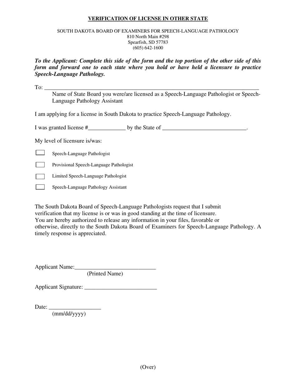 South Dakota Verification of License in Other State Fill Out, Sign