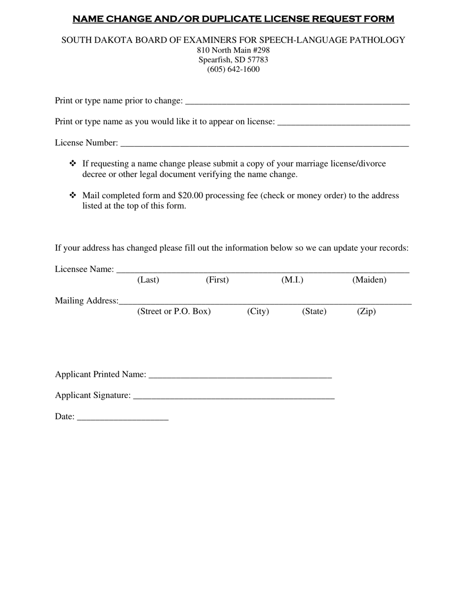 Name Change and / or Duplicate License Request Form - South Dakota, Page 1