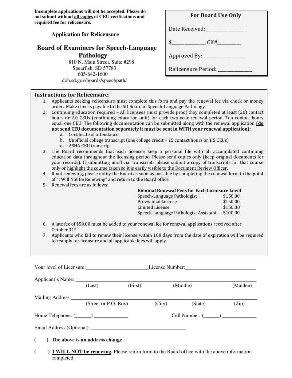 Application for Relicensure - South Dakota, Page 1