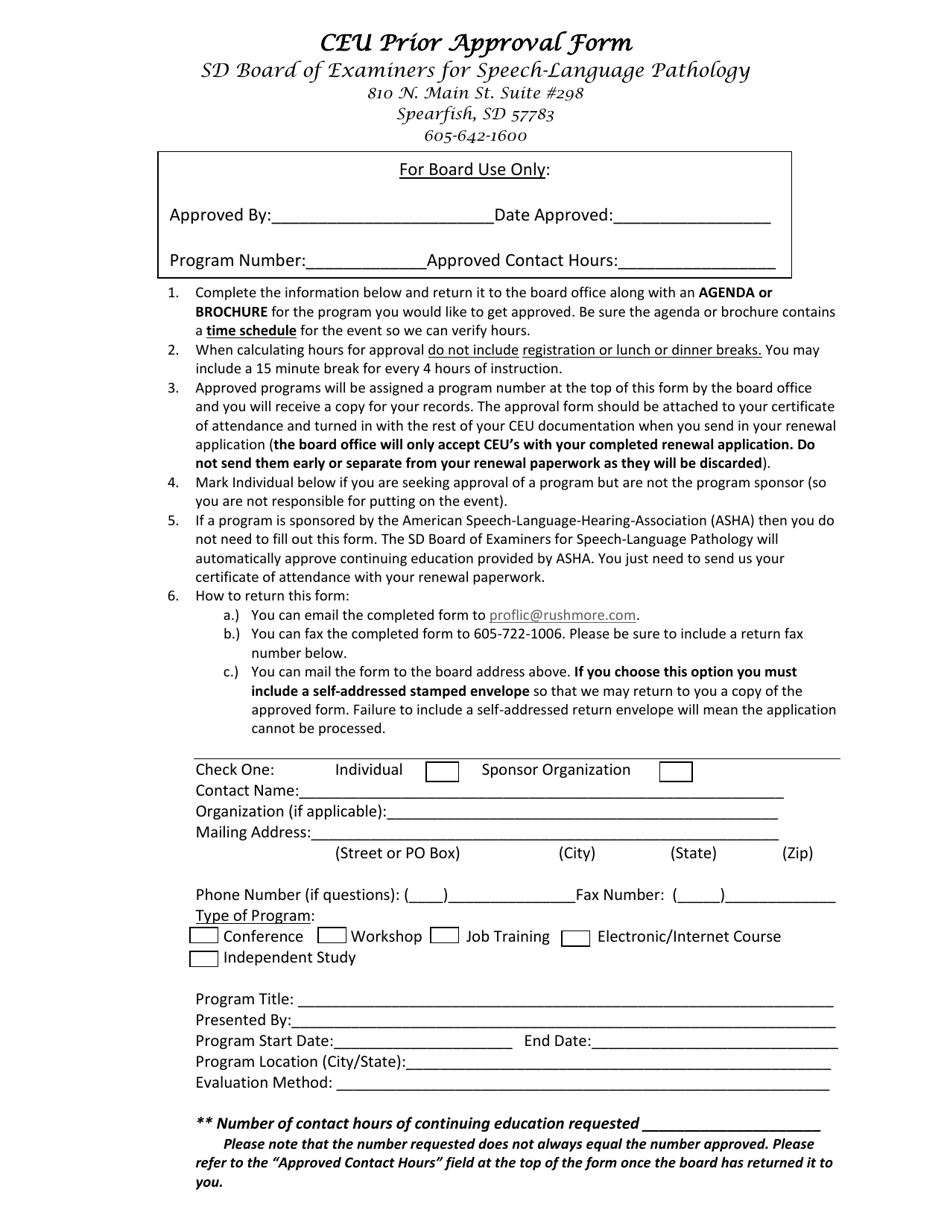 Ceu Prior Approval Form - South Dakota, Page 1