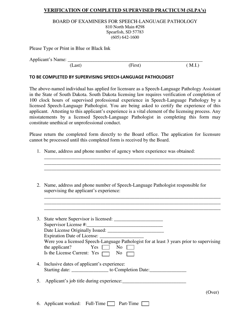 Verification of Completed Supervised Practicum (Slpas) - South Dakota, Page 1
