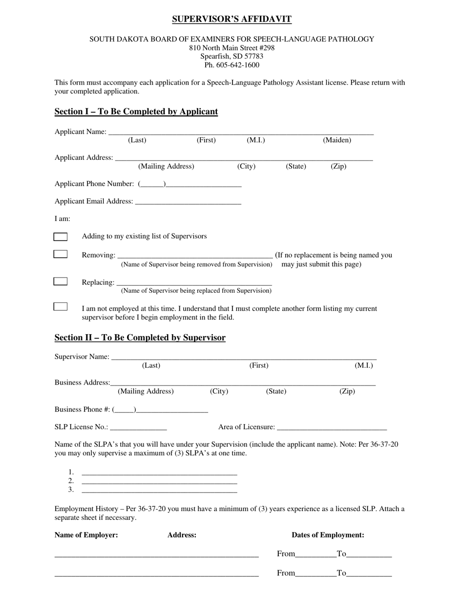 Slpa Supervisors Affidavit - South Dakota, Page 1