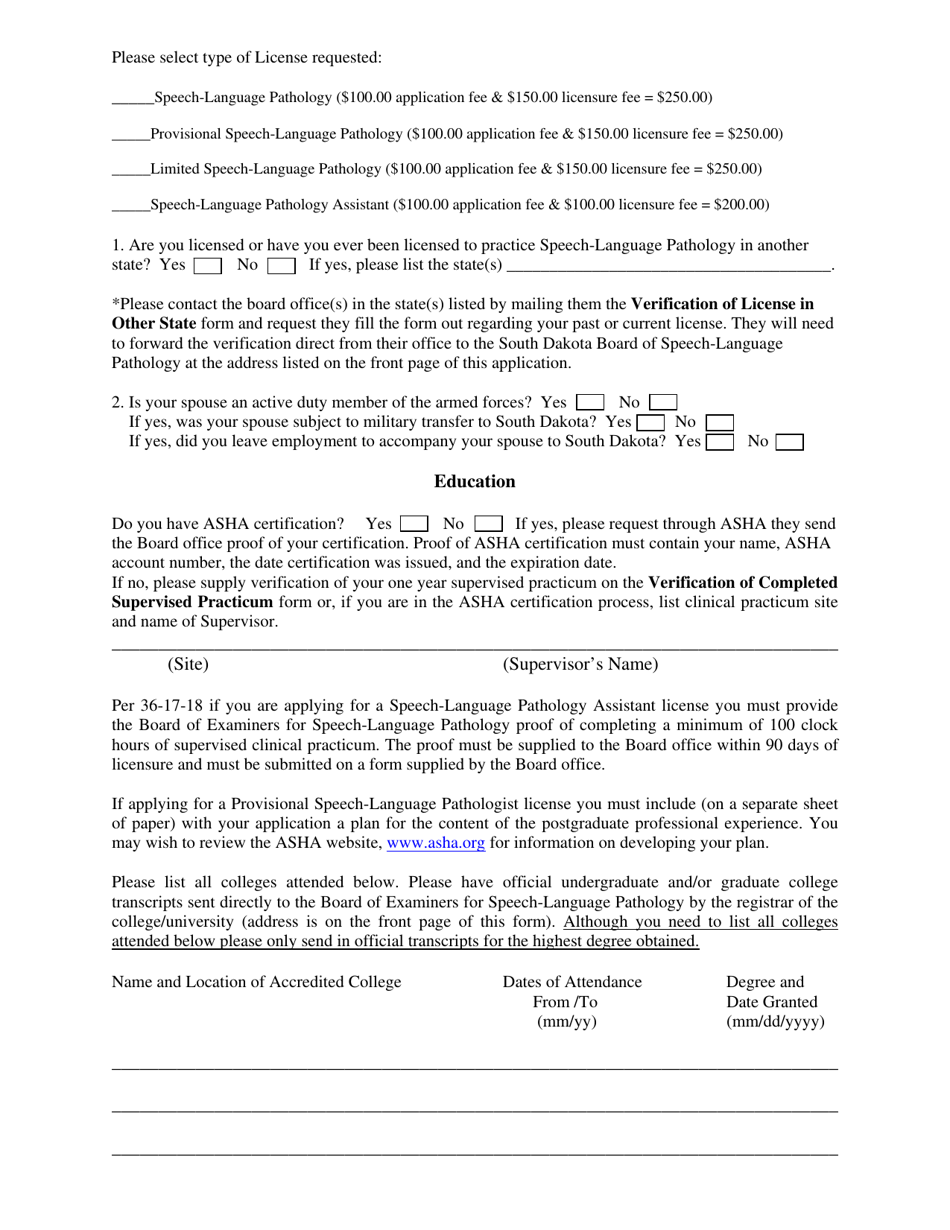 Application for Licensure to Practice Speech-Language Pathology - South Dakota, Page 2