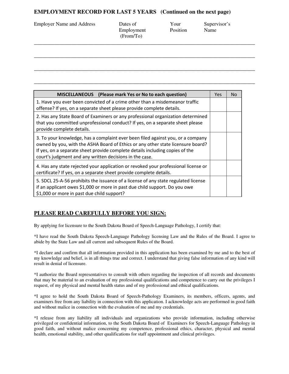 South Dakota Application for Licensure to Practice Speech-Language ...