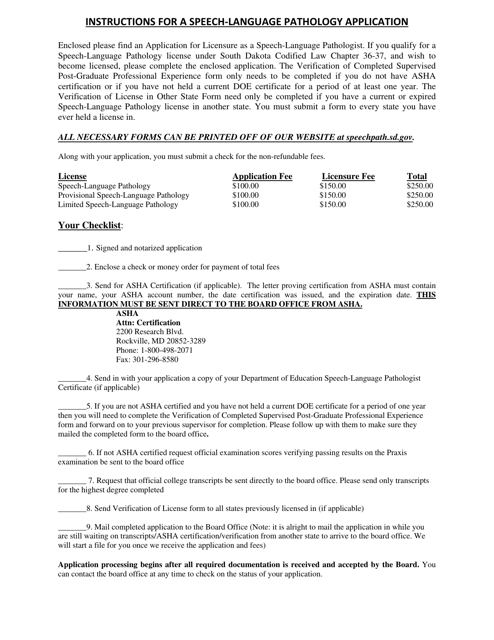 Instructions for Application for Licensure to Practice Speech-Language Pathology - South Dakota