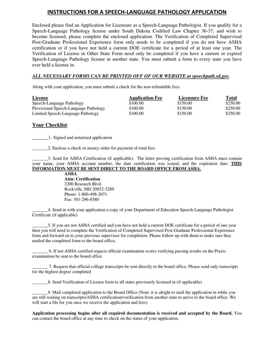 Instructions for Application for Licensure to Practice Speech-Language Pathology - South Dakota, Page 1