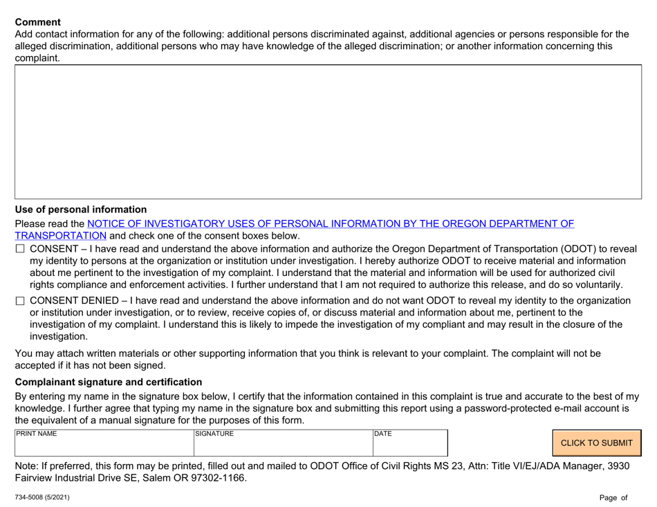 Form 734-5008 Discrimination Complaint Form - Oregon, Page 3