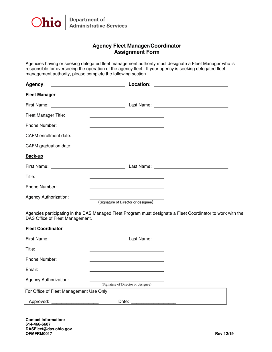 Form OFMFRM0017 Agency Fleet Manager / Coordinator Assignment Form - Ohio, Page 1