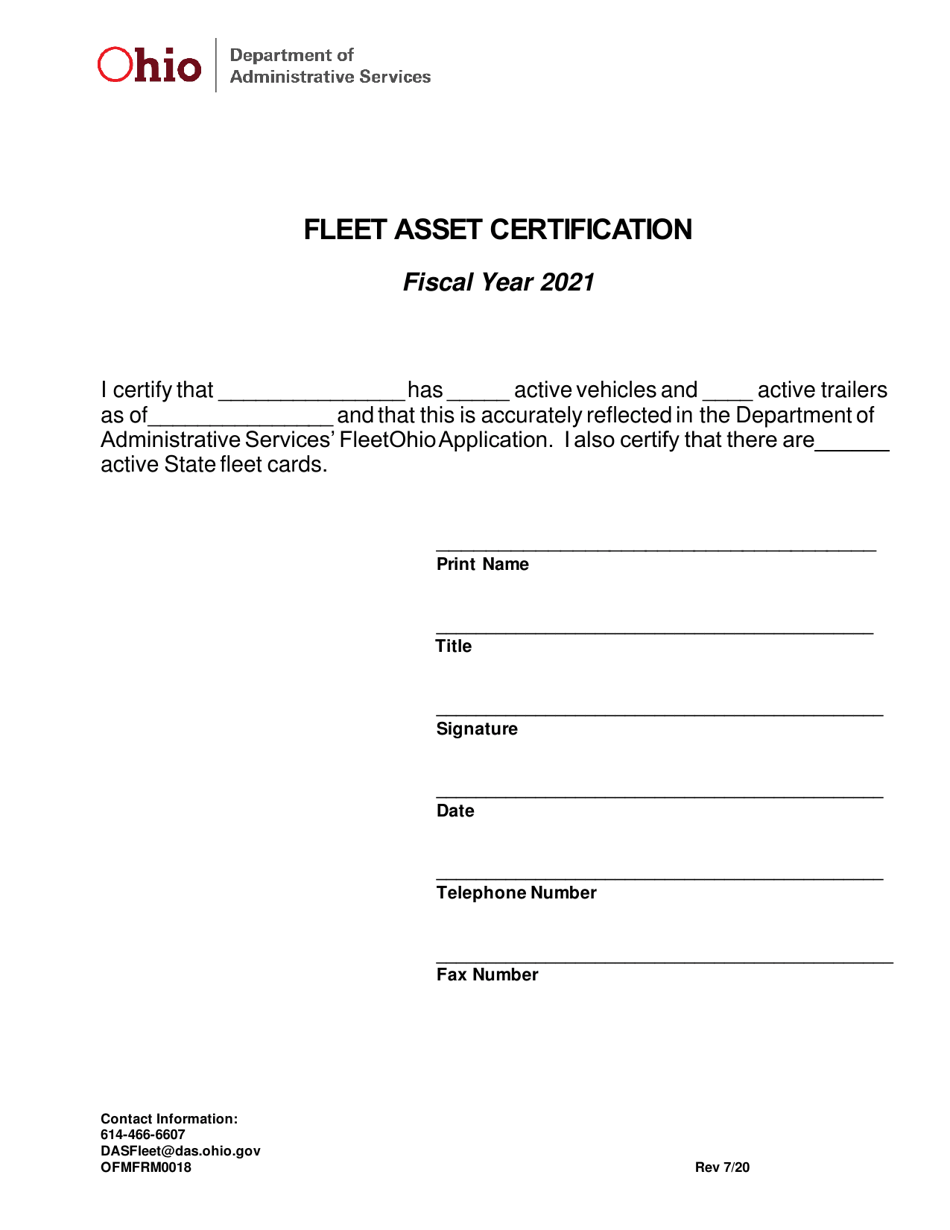 Form OFMFRM0018 Fleet Asset Certification - Ohio, Page 1