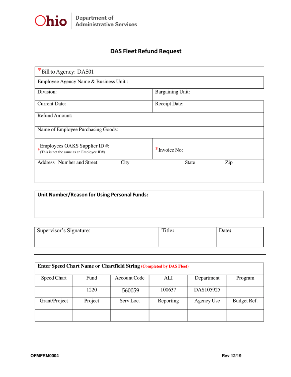 Form OFMFRM0004 Das Fleet Refund Request - Ohio, Page 1